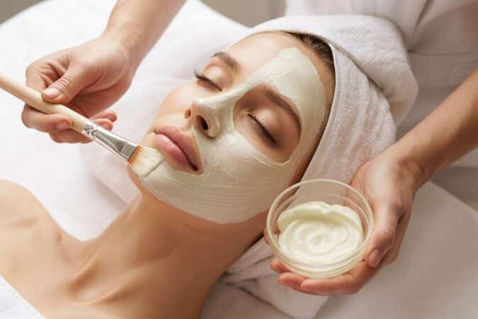 Une esthéticienne applique un soin thermal sur le visage d'une cliente pendant un voyage et cures thermales.
